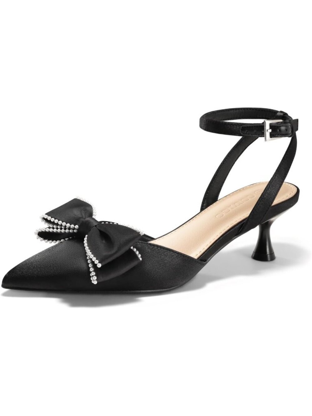Women's Black Satin Kitten Low Heels Bow Pearl Closed Pointed Toe Ankle Strap